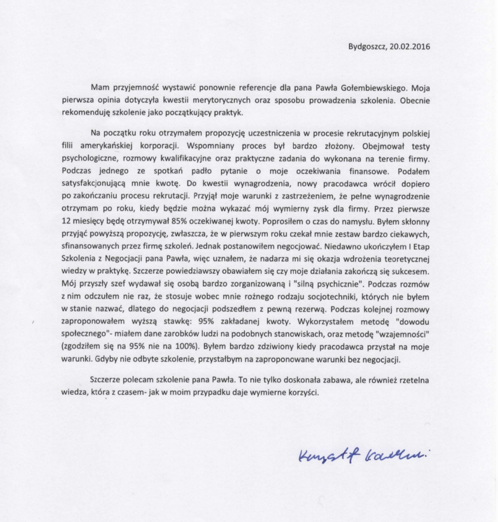 Referencje negocjatora Pawła Gołembiewskiego od Krzysztofa Kowalskiego
