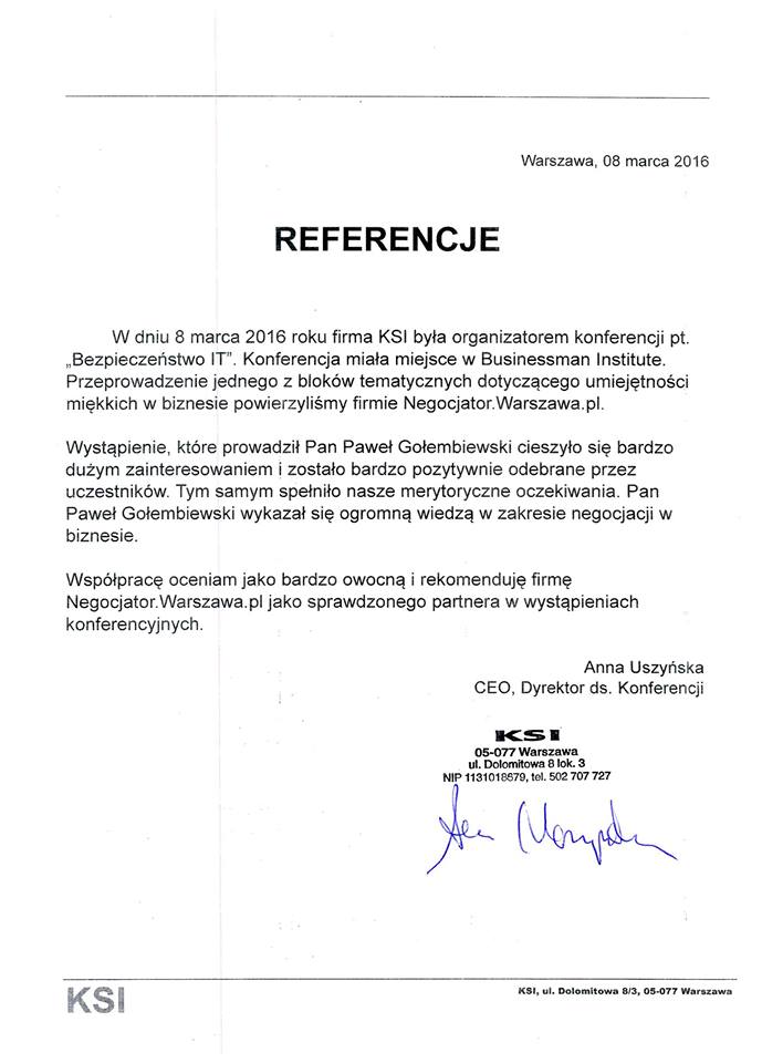 Referencje negocjatora Pawła Gołembiewskiego od KSI Warszawa