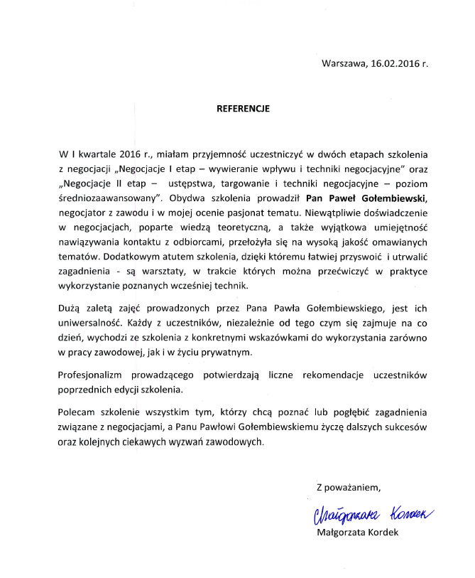 Referencje negocjatora Pawła Gołembiewskiego od Małgorzaty Kordek