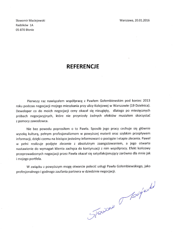 Referencje negocjatora Pawła Gołembiewskiego od Sławomira Maciejewskiego