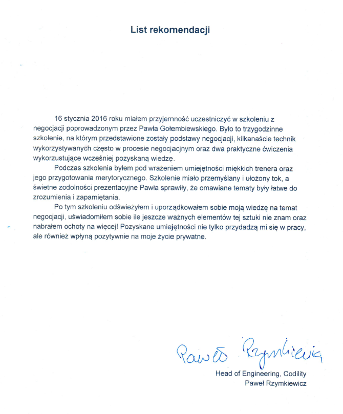 List rekomendacji dla negocjatora Pawła Gołembiewskiego od Pawła Rzymkiewicza