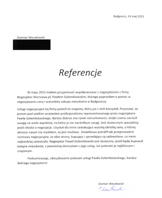Referencje negocjatora Pawła Gołembiewskiego od Damiana Wesołowskiego
