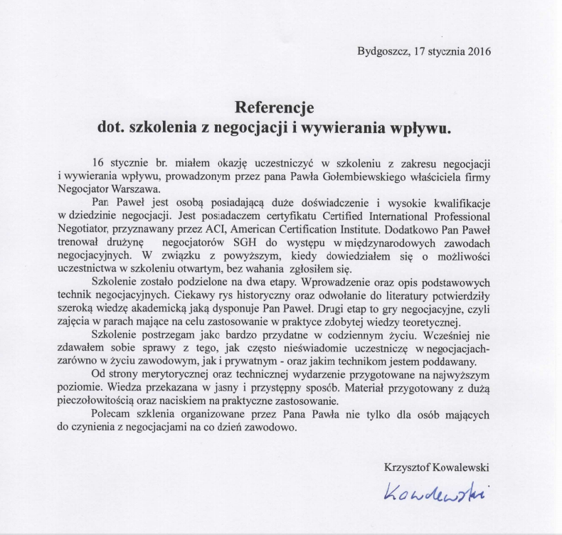 Referencje negocjatora Pawła Gołembiewskiego od Krzysztofa Kowalewskiego