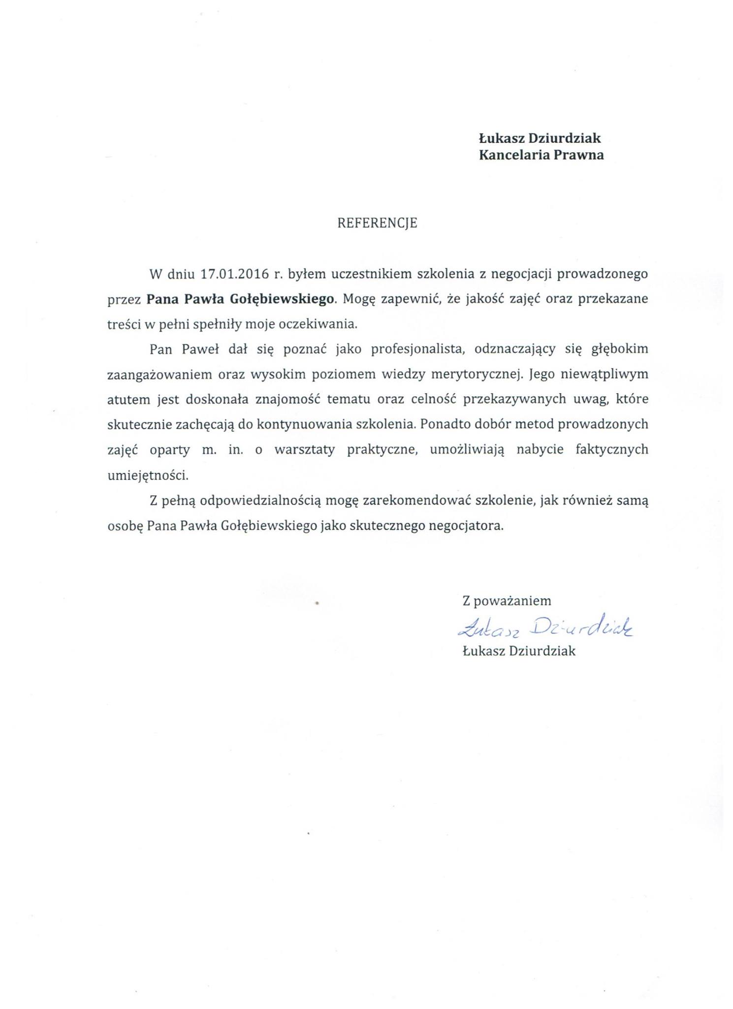 Referencje negocjatora Pawła Gołembiewskiego od Łukasza Dziurdziaka