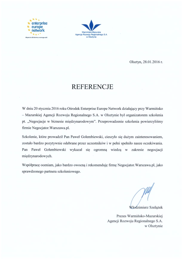 Referencje negocjatora Pawła Gołembiewskiego od Enterprise Europe Network