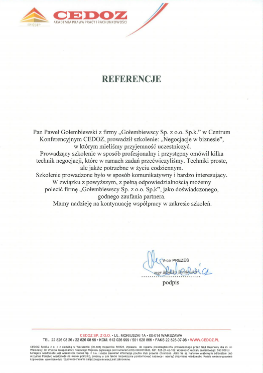 Referencje negocjatora Pawła Gołembiewskiego od Cedoz