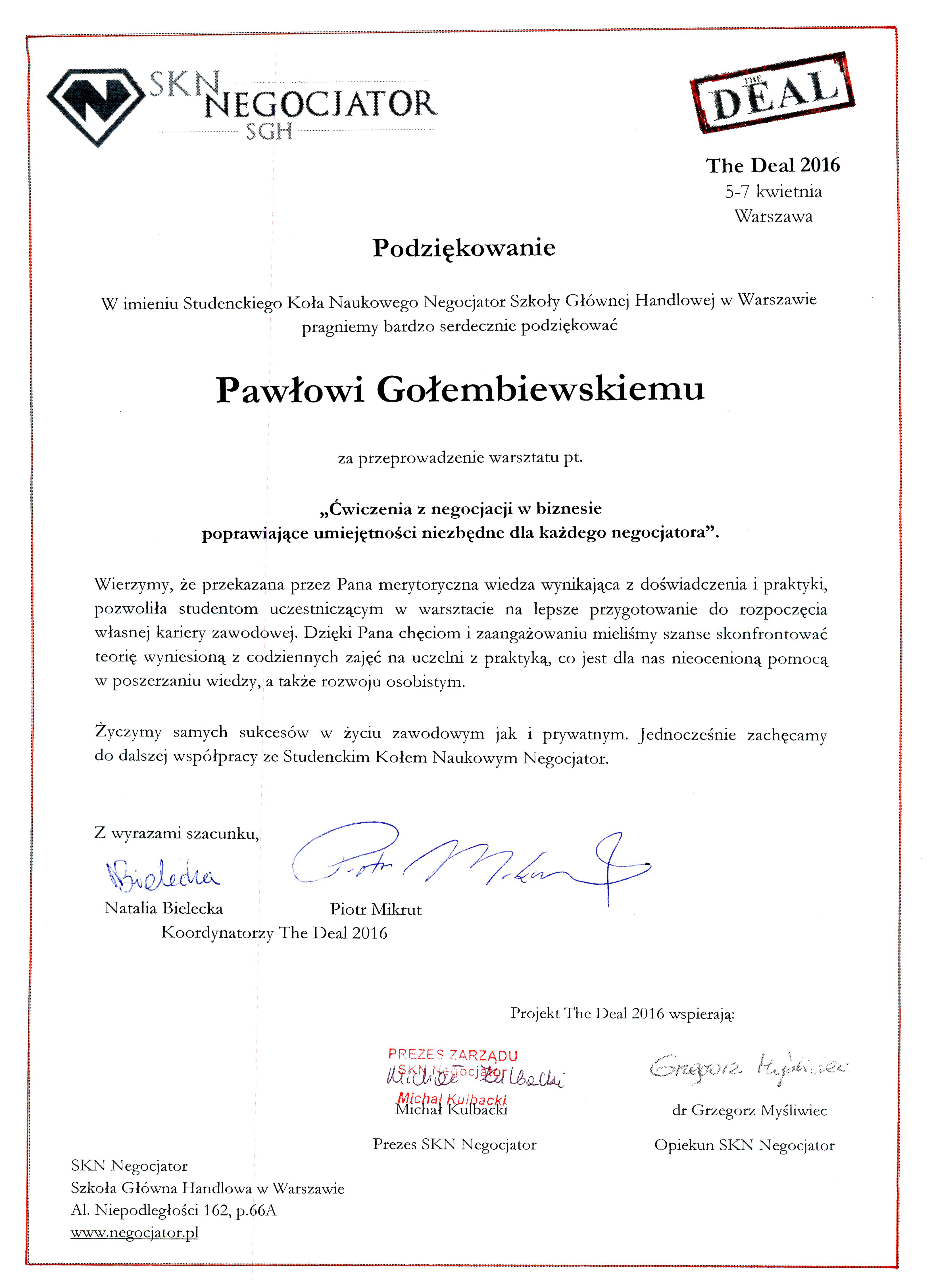 Podziękowanie dla negocjatora Pawła Gołembiewskiego od Studenckiego Koła Naukowego Negocjator SGH