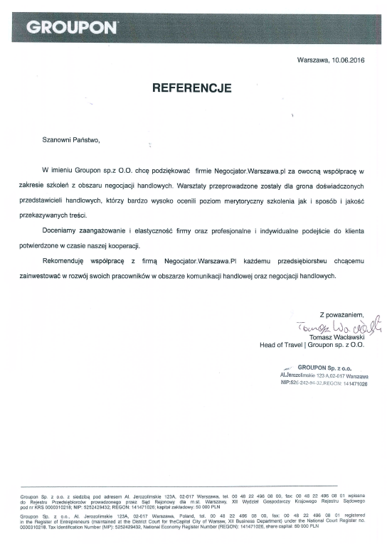 Referencje negocjatora Pawła Gołembiewskiego od Grupon Sp. z o. o.