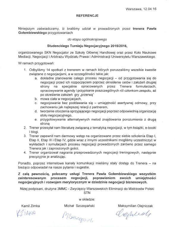 Referencje negocjatora Pawła Gołembiewskiego od Studenckiego Koła Naukowego Negocjator SGH