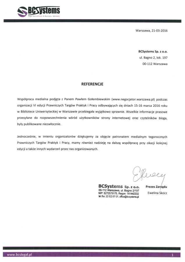 Referencje negocjatora Pawła Gołembiewskiego od BCSystems Sp. z o. o.