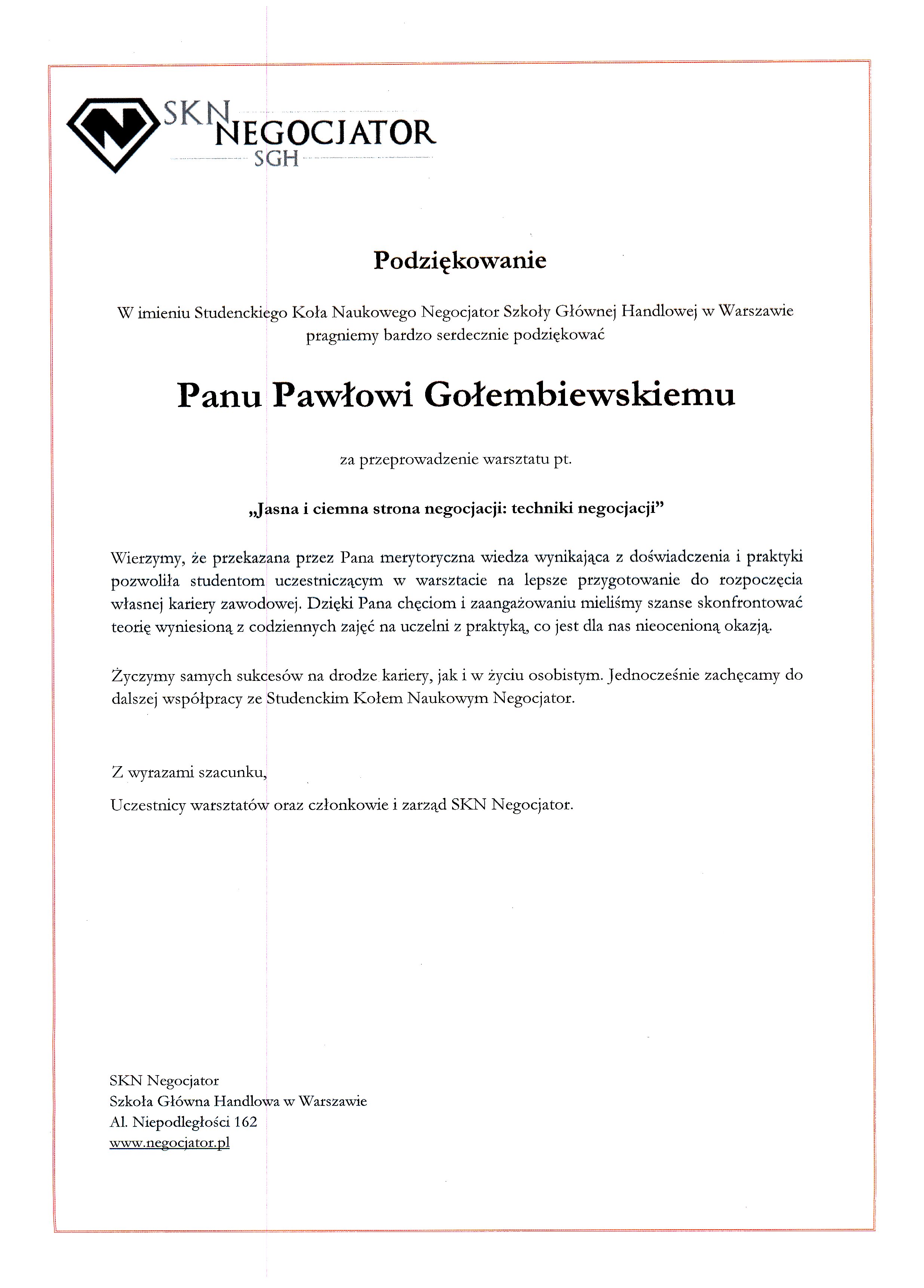 Podziękowanie dla negocjatora Pawła Gołembiewskiego od SKN Negocjator