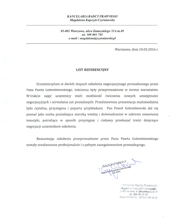 Referencje negocjatora Pawła Gołembiewskiego od Magdaleny Kupczyk-Czerniawskiej