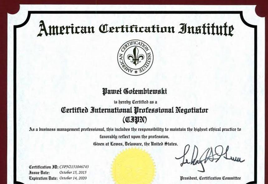 Certyfikat negocjatora Pawła Gołembiewskiego - American Certification Institute
